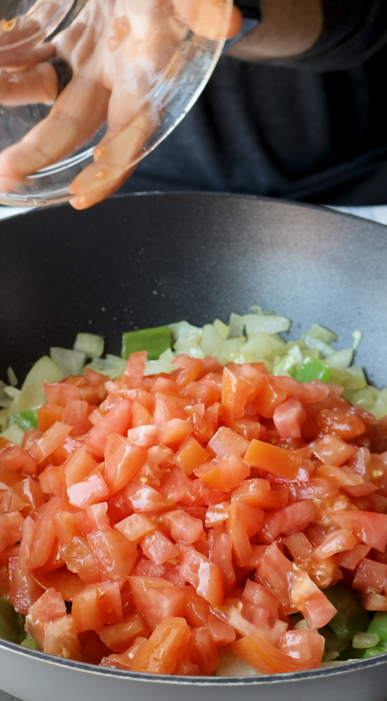 diced onions and green peppers, tomatoes